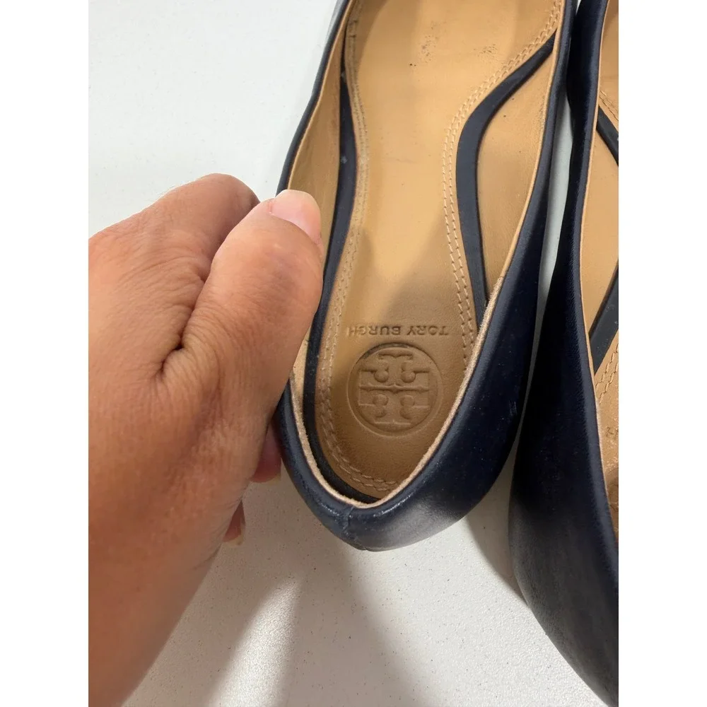 Tory Burch Navy Blue Leather Ballet Flats Logo Round Toe Shoes 7M 8778 A18